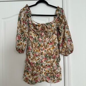 Hello Molly Cream Tan Puff Sleeve Ruched Blouse